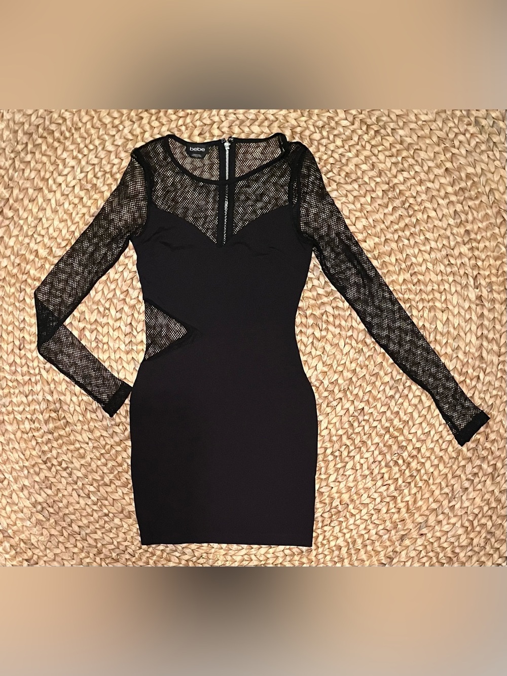 Black Mesh-Inset Long Sleeve Bodycon Dress